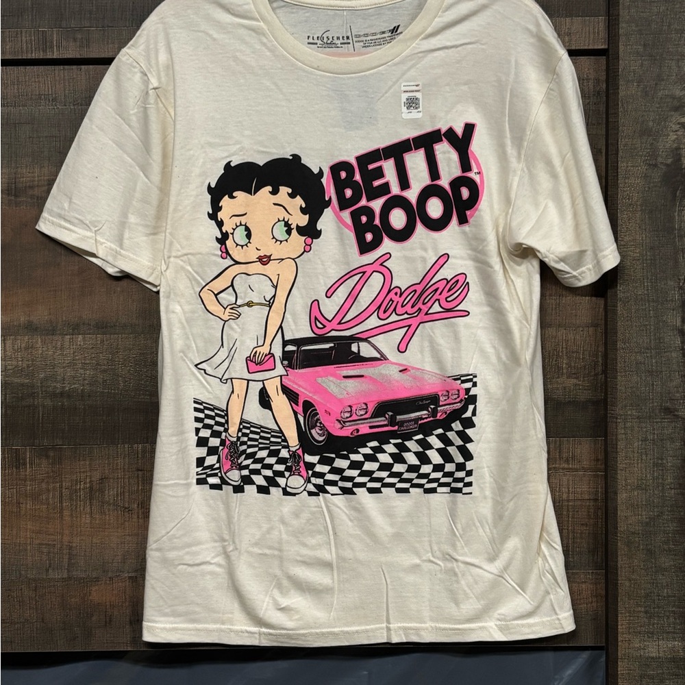 Betty Boop Dodge Adult Cotton Unisex T-Shirt - Cream & Pink NWT